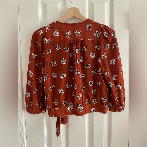 MADEWELL 100% Silk Floral Top 3/4 Bishop Sleeves Ruffled Waist Tie Size Small - Picture 2 of 6